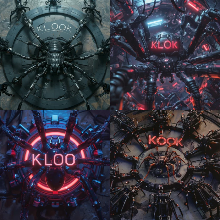 KLOK logo surrounded by robotic spiders, cyberpunk style 