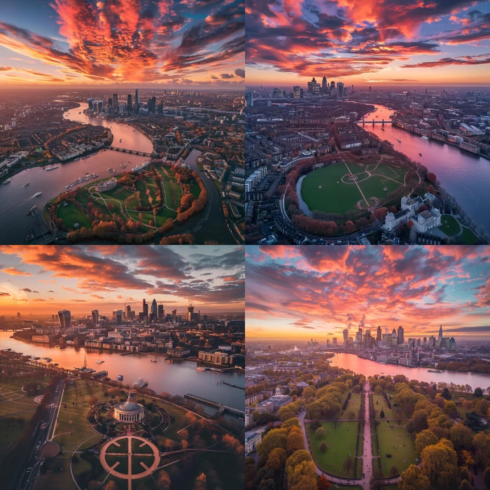 Greenwich Park from the sky view, with thames river and canary wharf  on the background. Sky colours pink orange and yellow, on the sunset