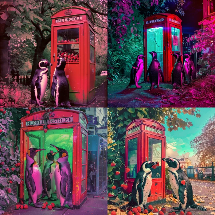 Penguins in Greenwich Park eating strawberries near London's phone box, cyberpunk style, dominant colours green, pink