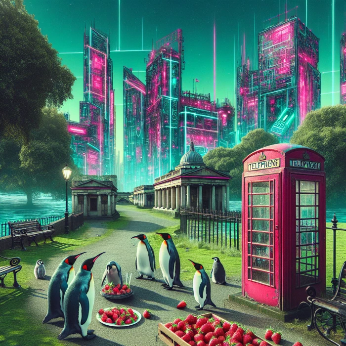 Penguins in Greenwich Park eating strawberries near London's phone box, cyberpunk style, dominant colours green, pink, 