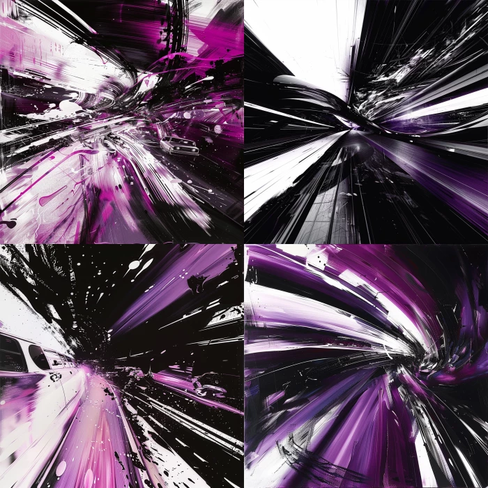 Driving Techno album cover, including speed, abstraction, dominant colours black, white, purple