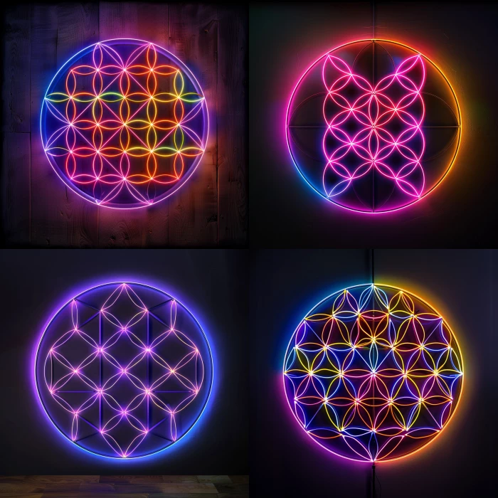 sacred geometry flower of life as a neon sign, black background, photorealistic