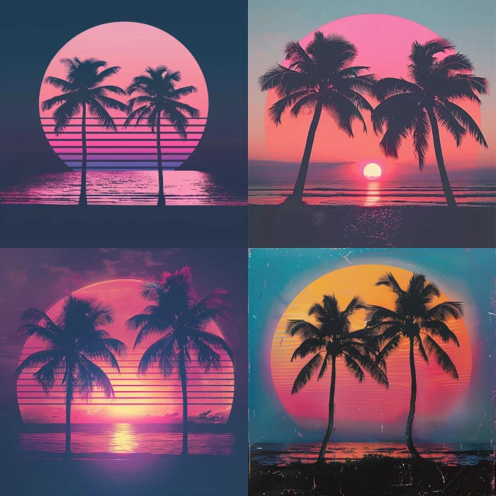 vaporwave sunset with two palm trees silhouette, miami vice aesthetic 