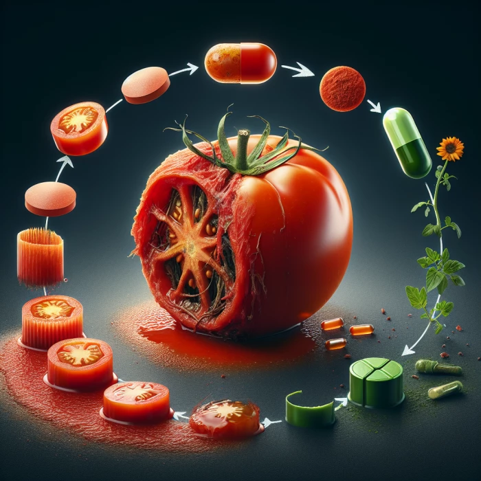 circular economy background, center : tomato food waste transforming into vitamin pill