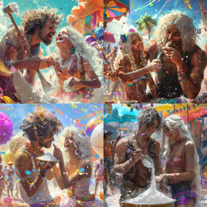 a 30 year white curly guy sniffing white flour with a tiny shovel, with a cute smiling girl with white long hair on a festival surrounded by colourful elements, realistic 8k 