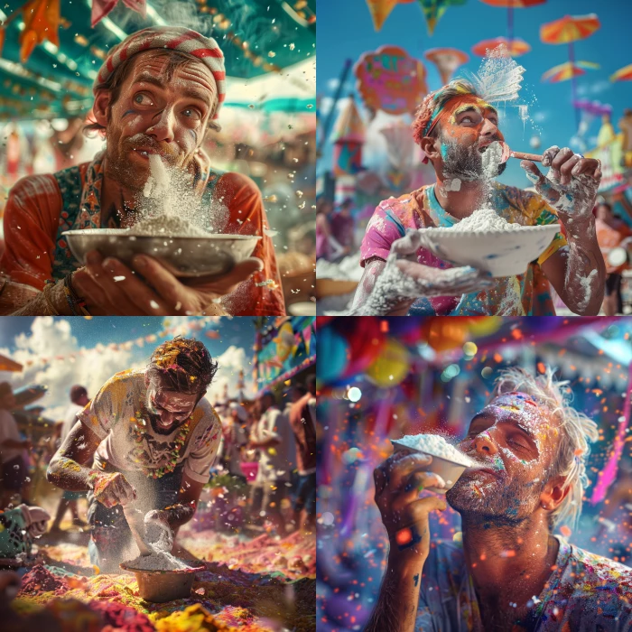 a 30 year white guy sniffing white flour from a tiny shovel on a festival surrounded by colourful elements, realistic 8k 