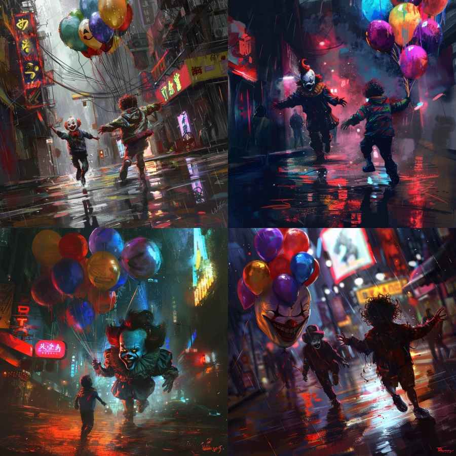 A scared kid with balloons running from a clown, cyberpunk style