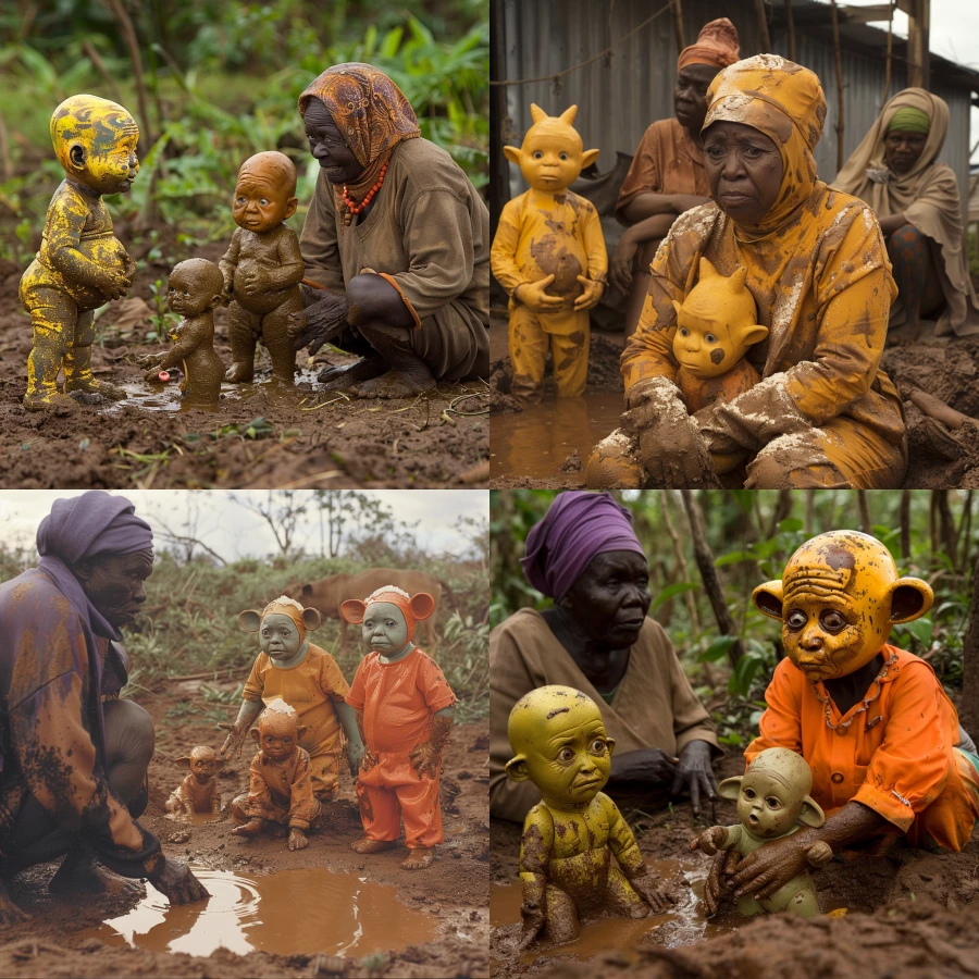 Depressed Teletubbies sniff flour but some of them are happy, they are dirty in the mud and a confused African grandma is looking at them 