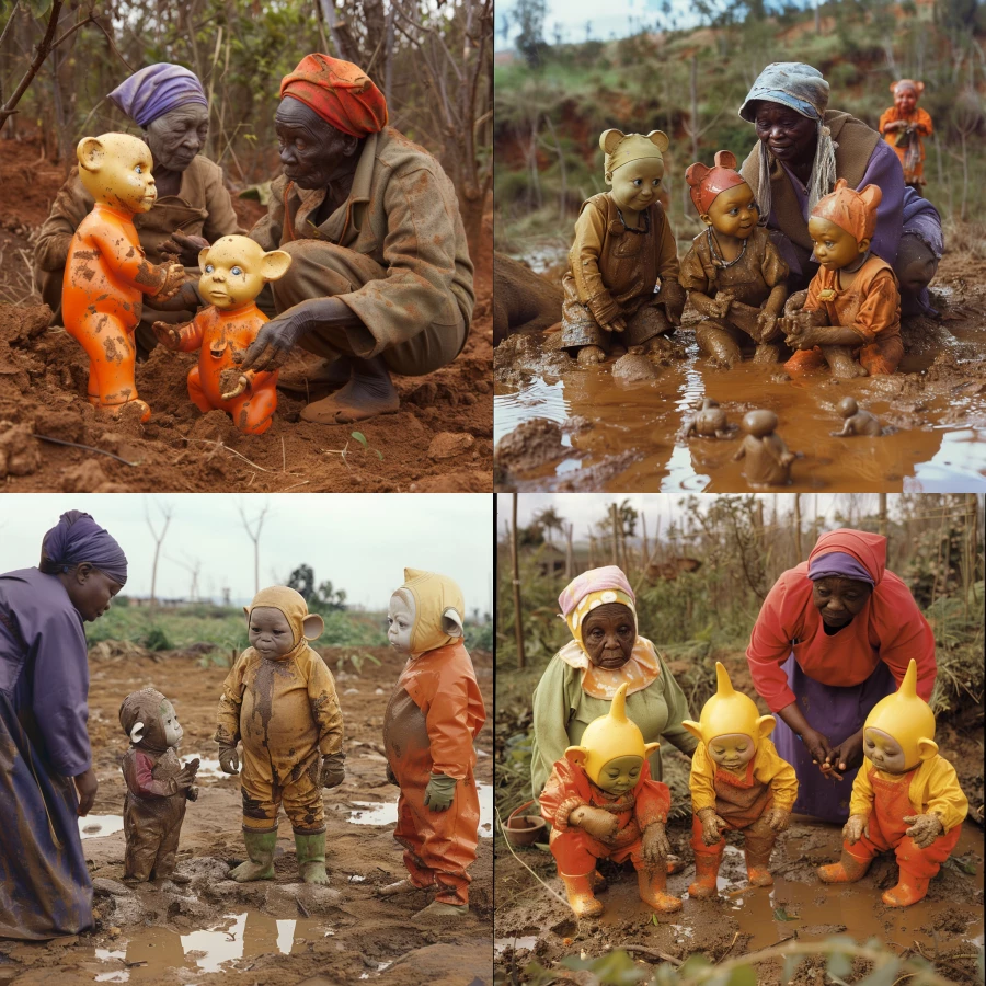 deprived and funny Teletubbies sniff flour but some of them are happy, they are dirty in the mud and a confused African grandma is looking at them 