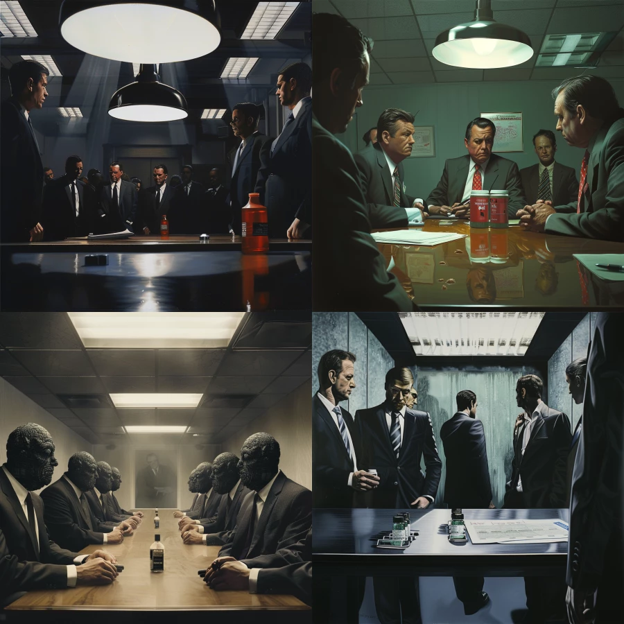 Hyper-realistic image of an office. People dressed in suits and ties are seen conspiring in business scams. Their faces are not visible, only the upper halves of their bodies are shown, focusing on the atmosphere of intrigue and secrecy. The focus of the image is centered on a table where a product for reducing bad odors is displayed