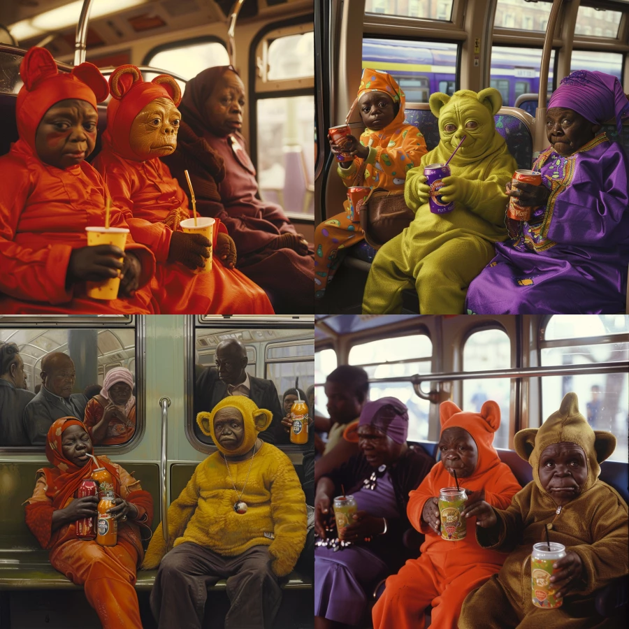 Teletubbies drinking bear and being drunk in public transport, on background is a confused African gran