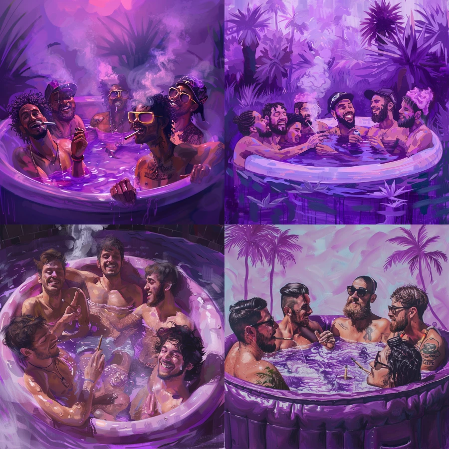 Five moldavian guys in jacuzzi smoking weed in a purple water, happy smiles 