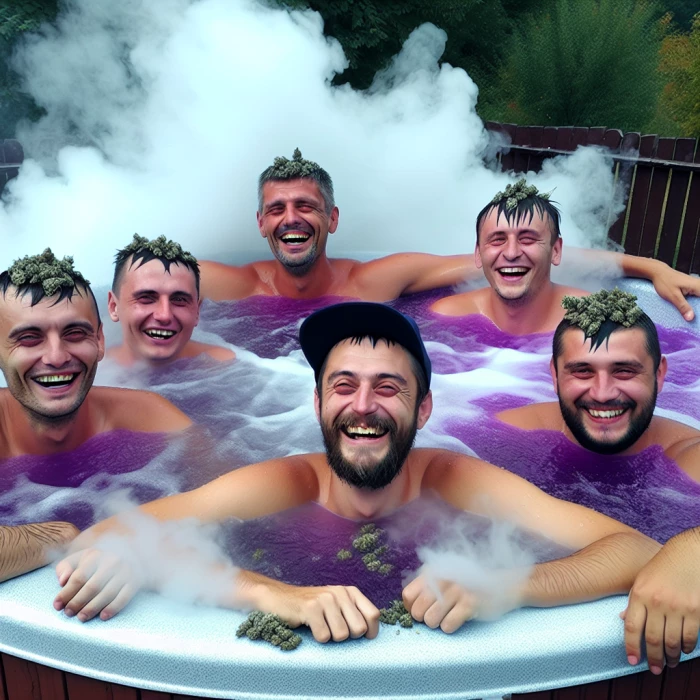 Five moldavian guys in jacuzzi smoking weed in a purple water, happy smiles