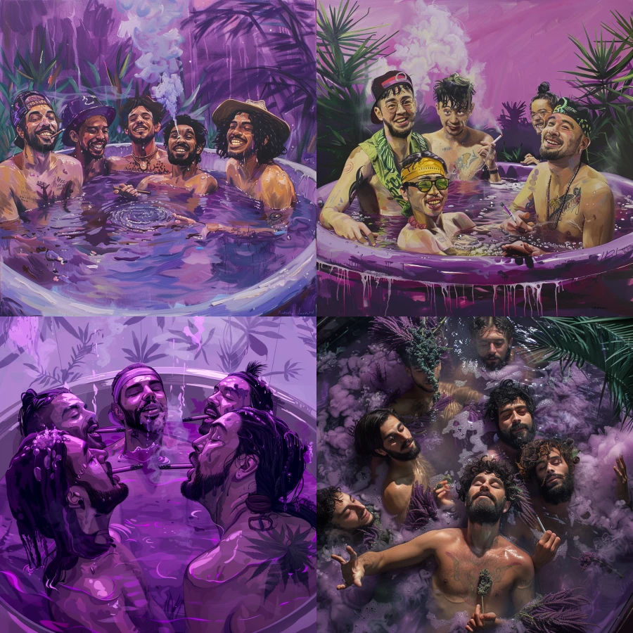 Five moldavian guys in jacuzzi smoking weed in a purple water with Maia Sandu , happy smiles