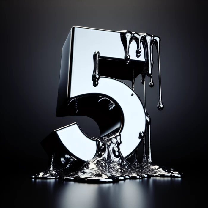 5 Melting chrome statue of word on a black background 