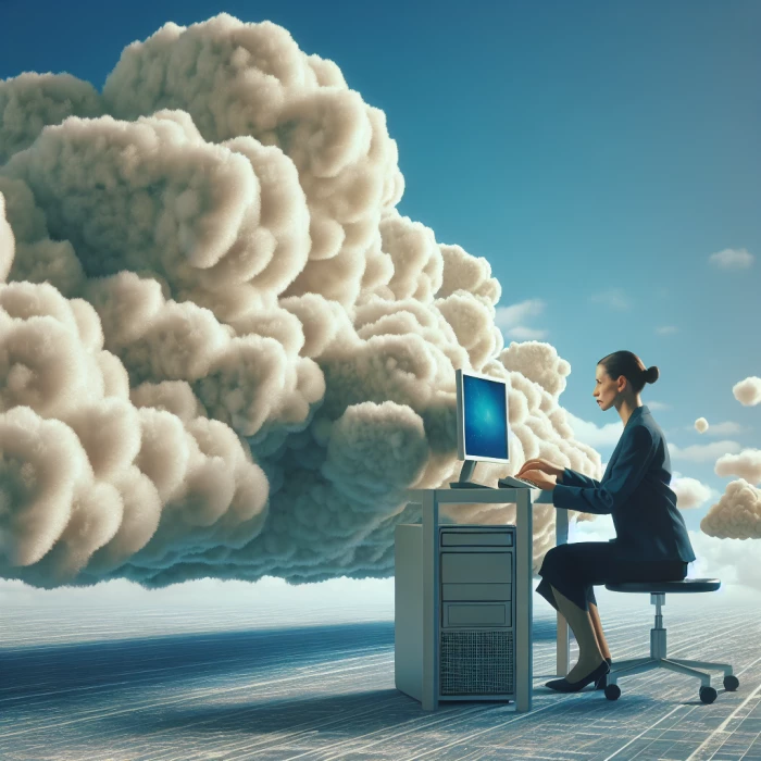 futuristic photo of a lady typing on the computer, background is on the cloud