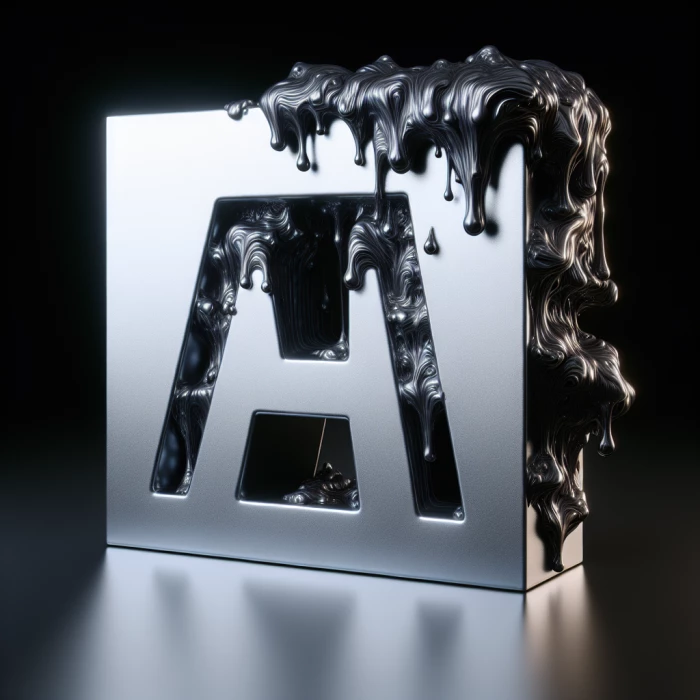 Melting chrome statue of word(Frame AI) on a black background 