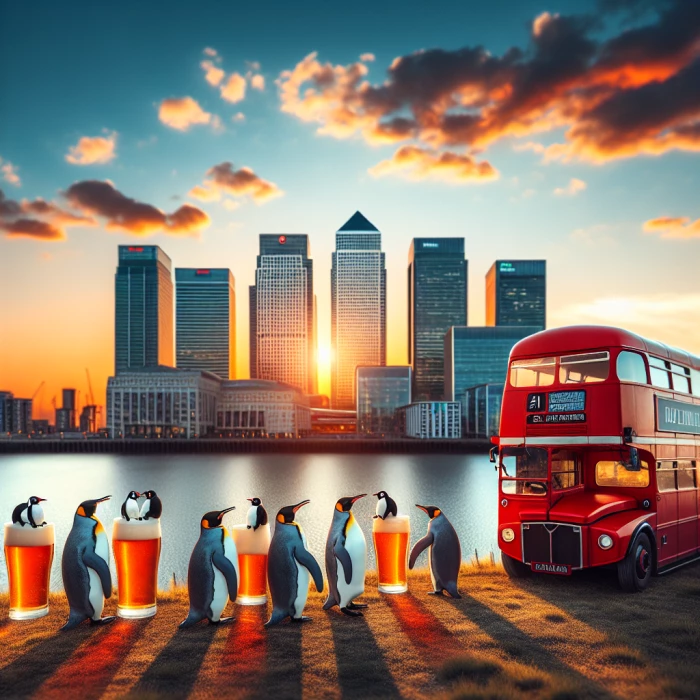 Canary wharf on the sunset, penguins drinking beer near London bus