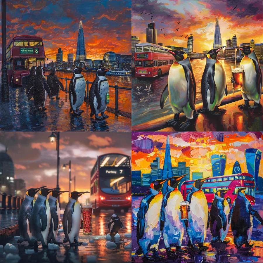 Canary wharf on the sunset, penguins drinking beer near London bus