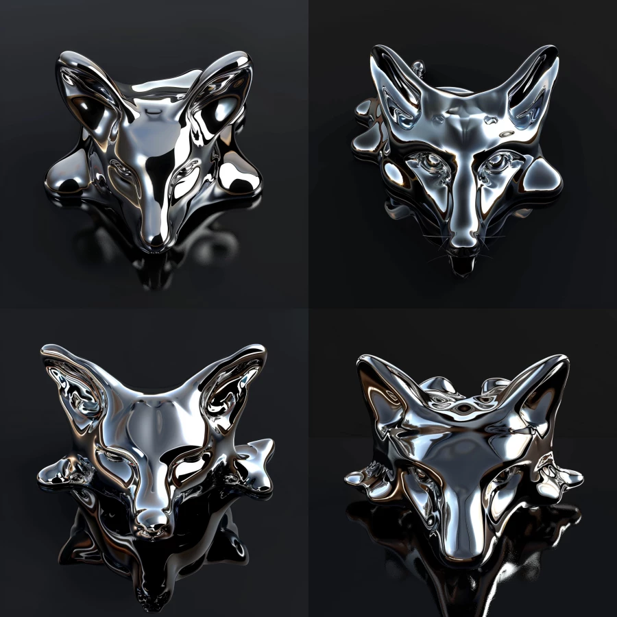  3D render of a chrome melting fox head facing forward on a black background 