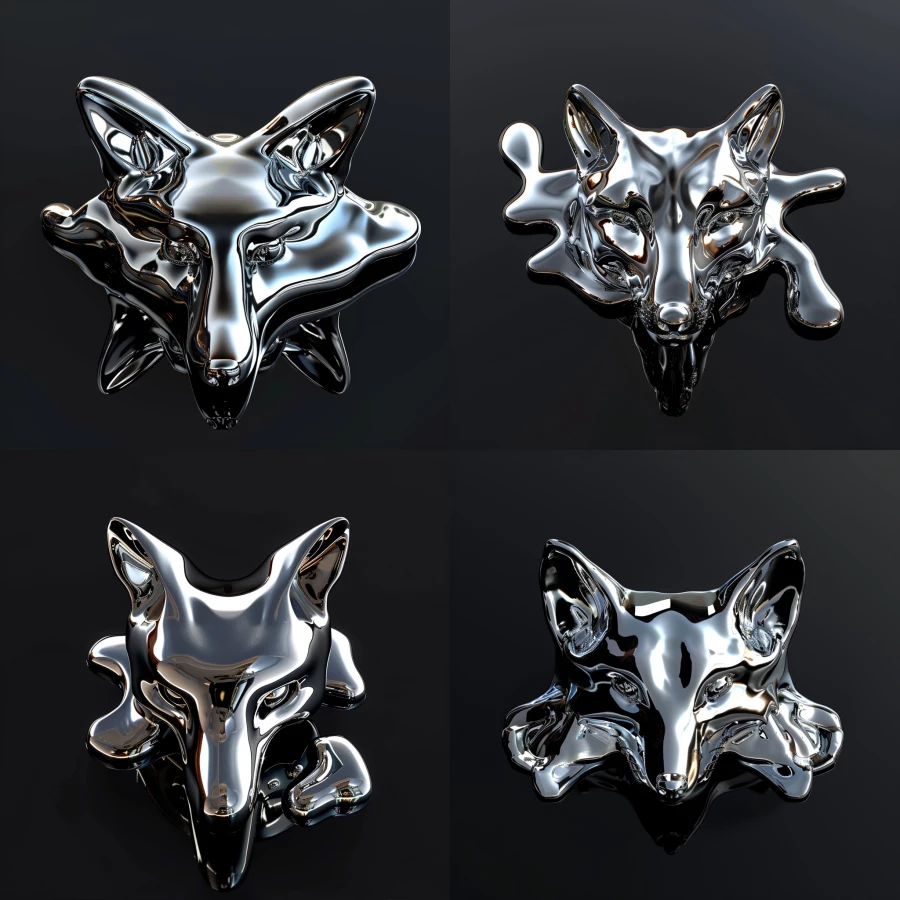 3D render of a chrome melting fox head facing forward on a black background 