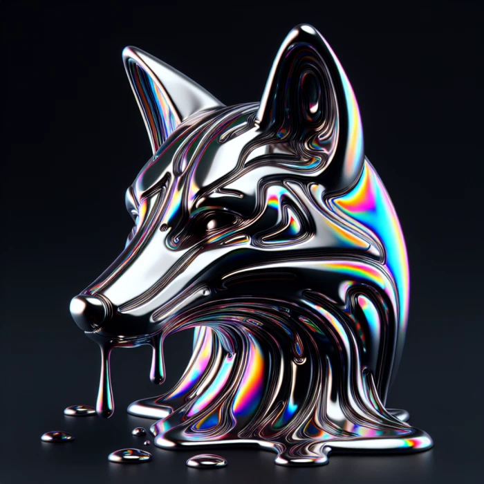  3D render of a chrome melting Funko Pop fox head facing forward, with rainbow glitching warp effect on a blank black background, just fking do it mate 