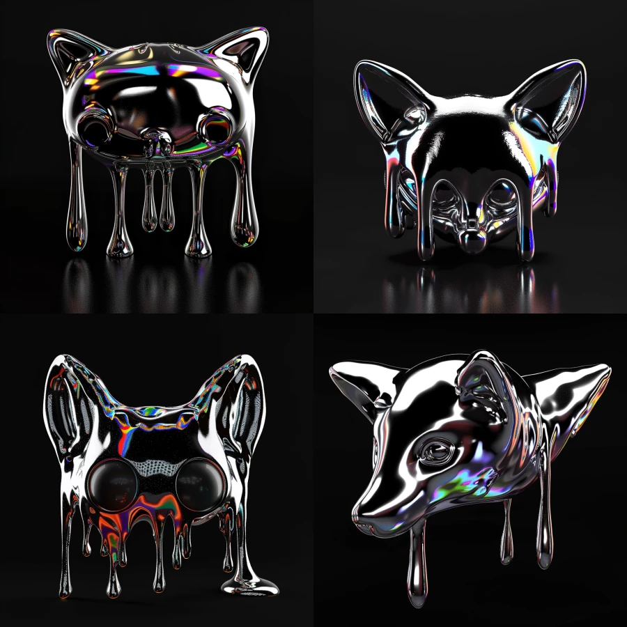  3D render of a chrome melting Funko Pop fox head facing forward, with rainbow glitching warp effect on a blank black background, FFS hannah