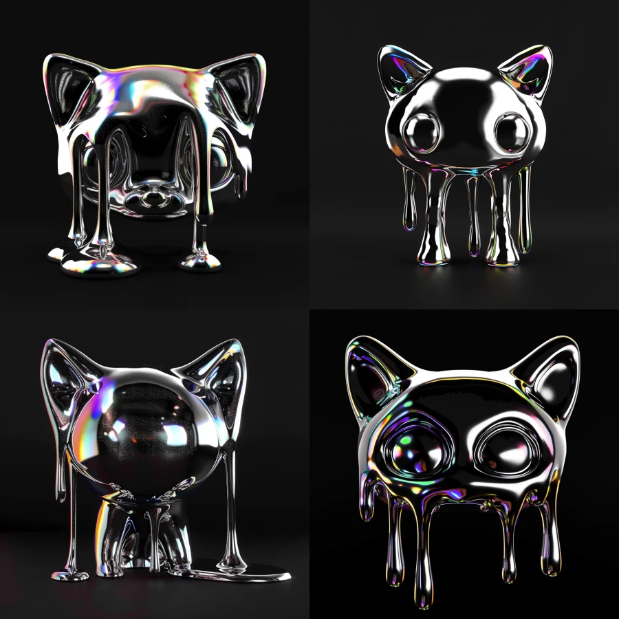  3D render of a chrome melting Funko Pop fox head facing forward, with rainbow glitching warp effect on a blank black background, just fking do it mate 