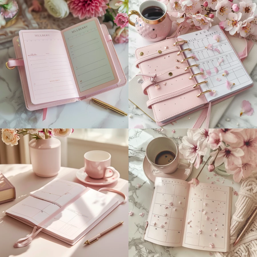 A monthly planner in pastel pink aesthetic with MULBERRY written on inside pages 