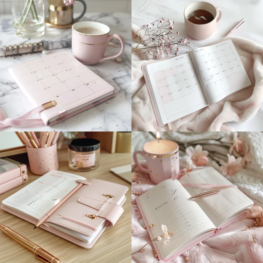 A monthly planner in pastel pink aesthetic with MULBERRY written on inside pages