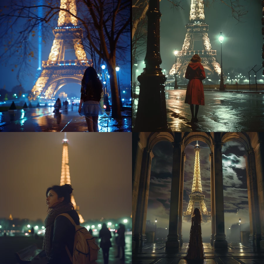 a young woman in paris , its night and she is standing under the efel tower 