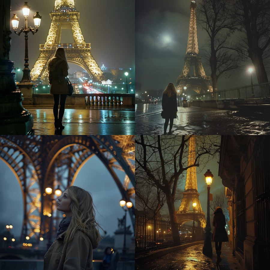 a young woman in paris , its night and she is standing under the efel tower

