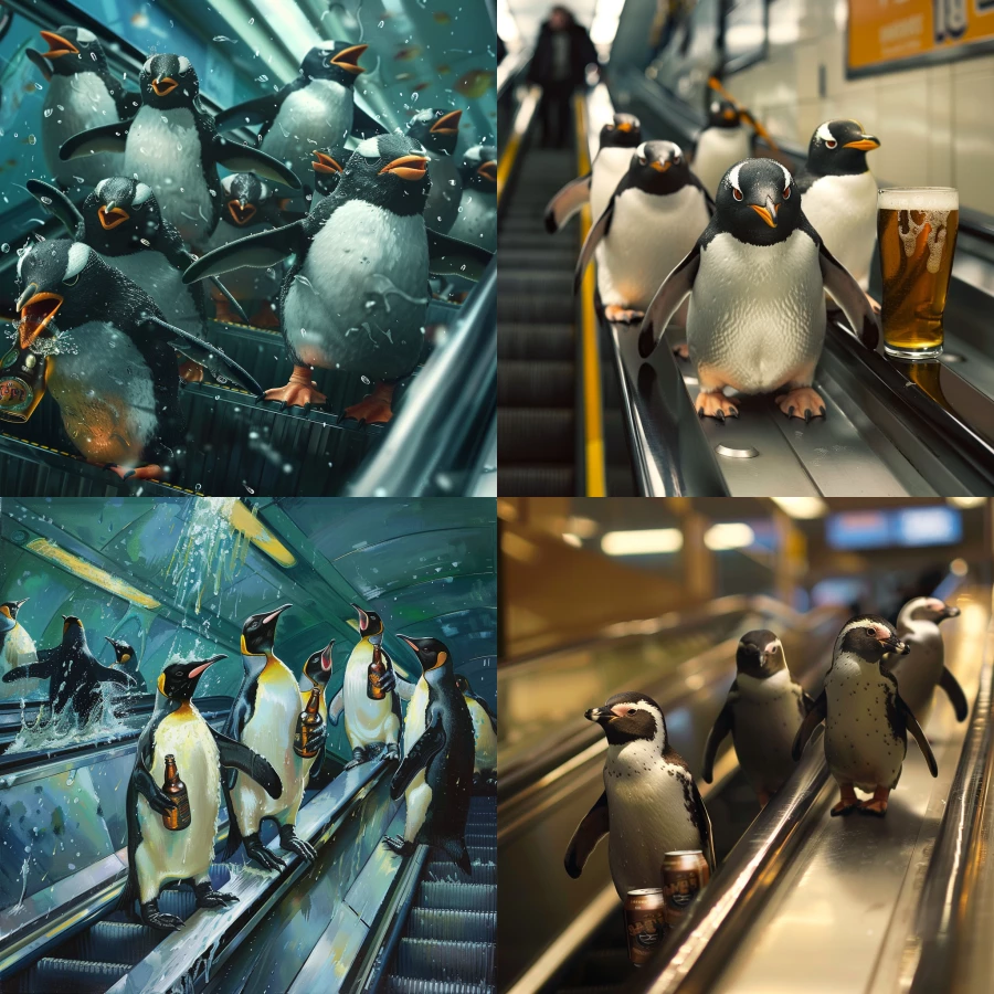 angry penguins on a escalator with beer attacking in group grandma 