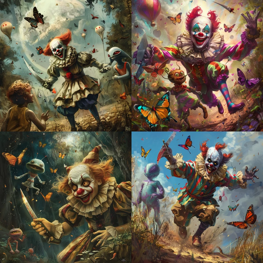 Funny clown chasing butterflies with a knife, happy melting kids are encouraging him, smiling aliens on the background