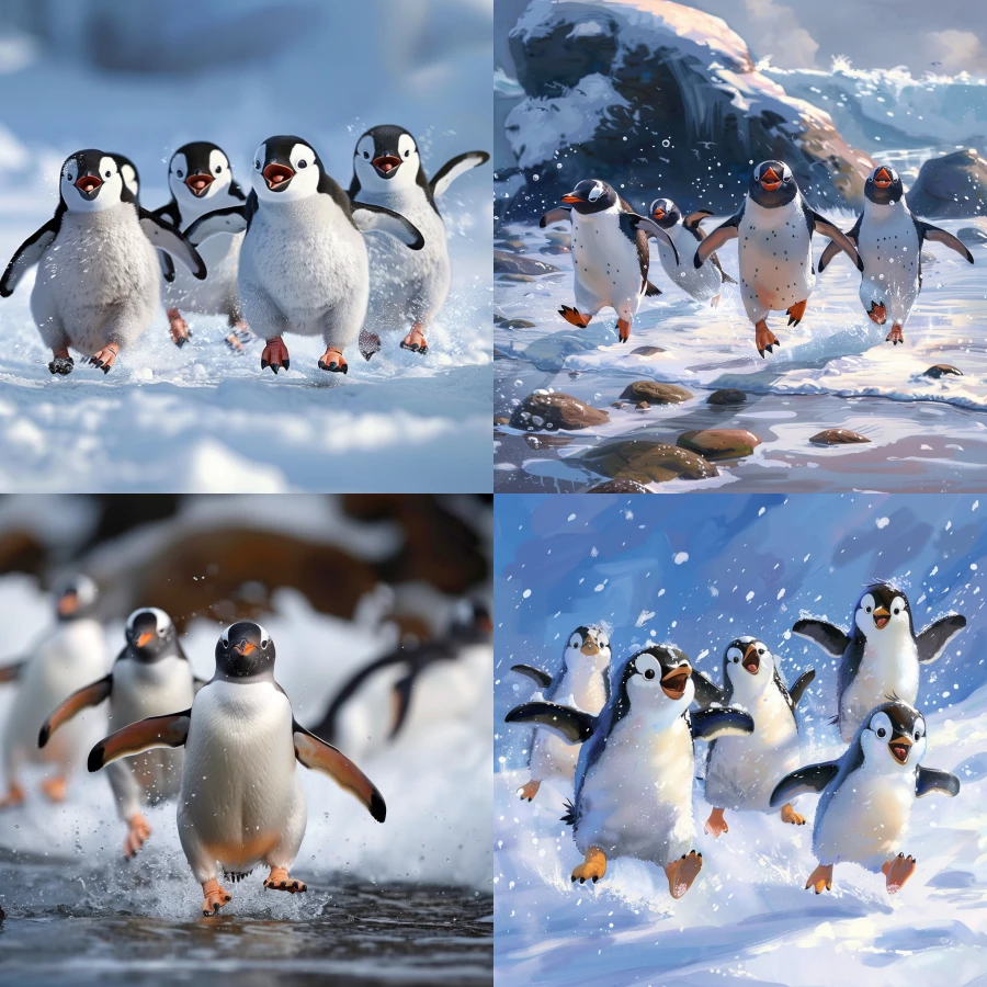 Happy penguins running away