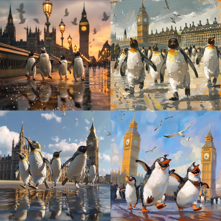 happy penguins running with the King of England around big ben 