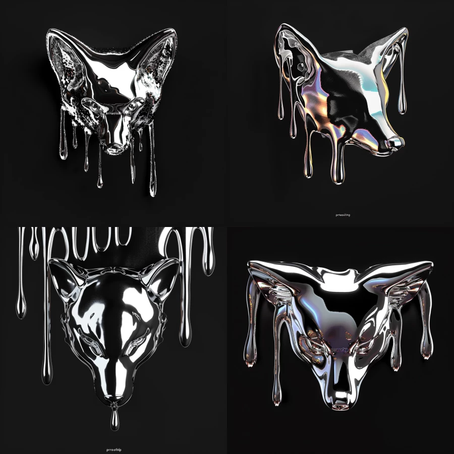 3D render of a chrome melting fox head facing forward, with subtle glitching effect and the characters “구미호” written vertically in the upper left corner in small pixelated font, on a blank black background