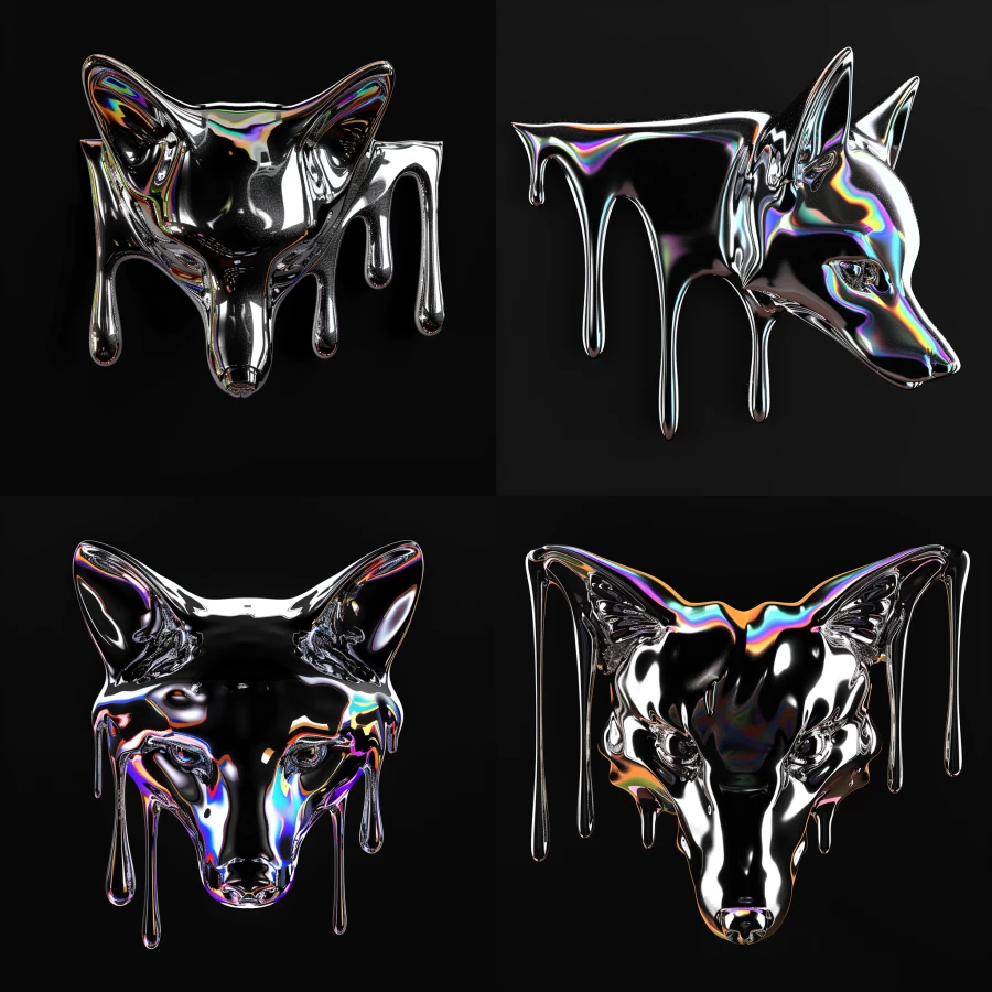 3D render of a chrome melting fox head facing forward, with rainbow glitching warp effect on a blank black background