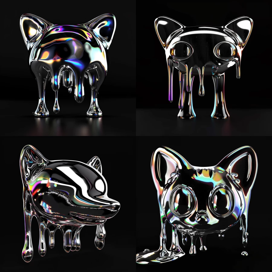 3D render of a chrome melting Funko Pop fox head facing forward, with rainbow glitching warp effect on a blank black background