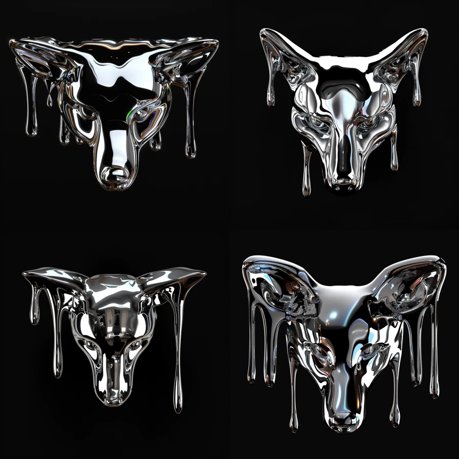 3D render of a chrome melting fox head facing forward, with subtle warp digital glitching effect on a blank black background