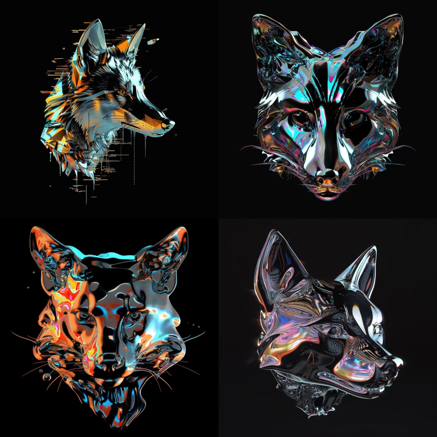 Melting chrome fox head on a black background with 3D glitch techno aesthetic 