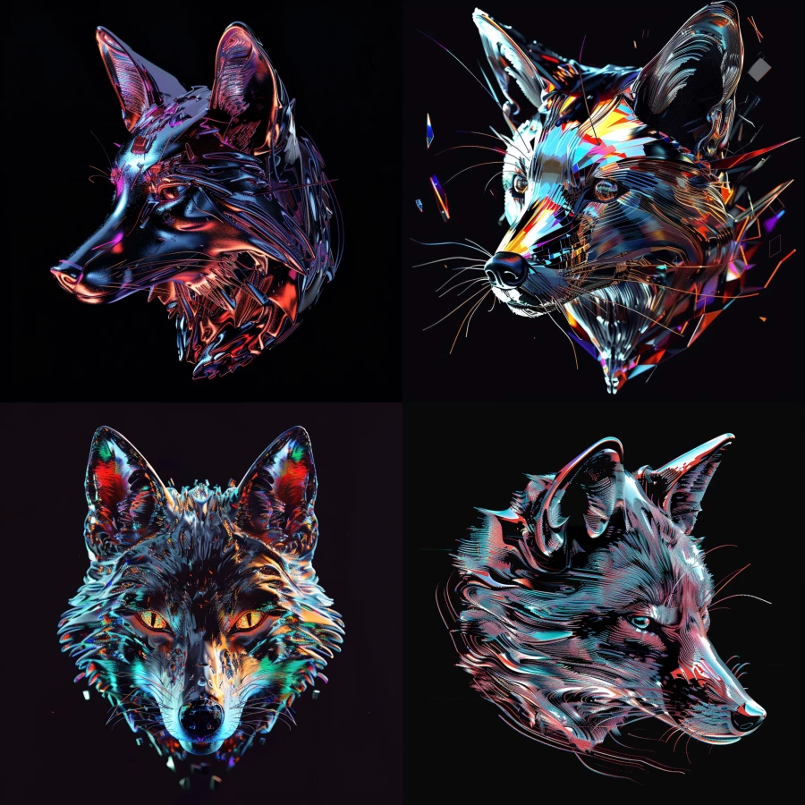 Melting chrome fox head on a black background with 3D glitch techno aesthetic 