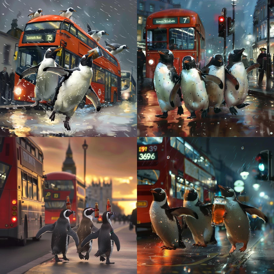 penguins stealing a london bus with a beer in their wings running from British cops 