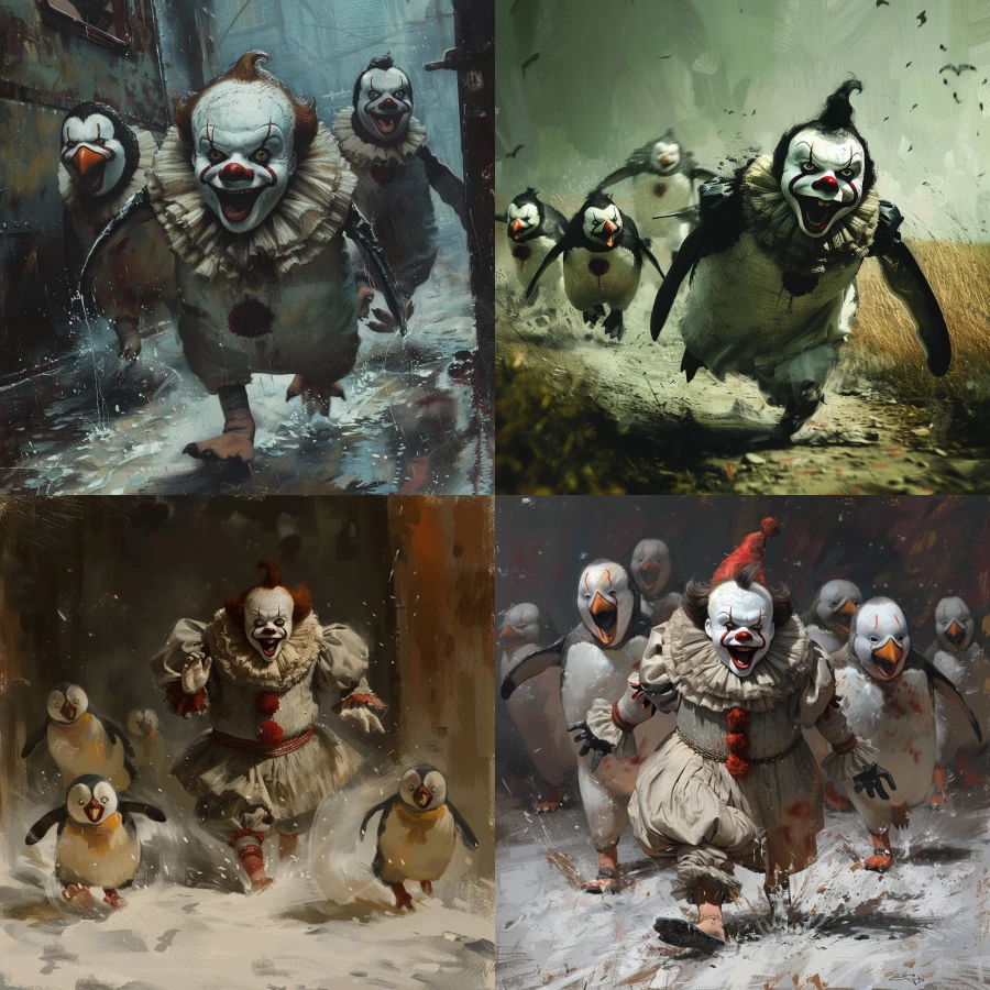 scared penguins running away from a big scary smiling clown from the movie IT