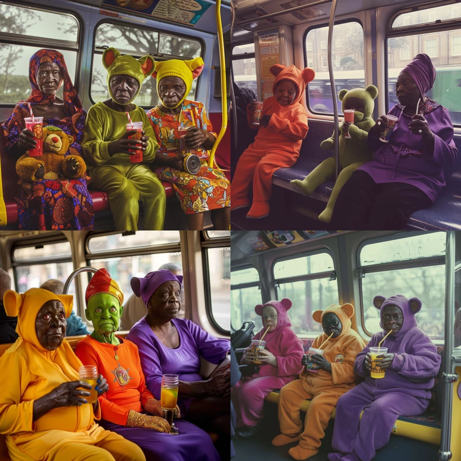 Teletubbies drinking bear and being drunk in public transport, on background is a confused African gran