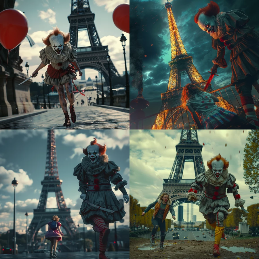 the clown from it chasing with a knife a girl in pairs under Eifel tower, realistic 8k