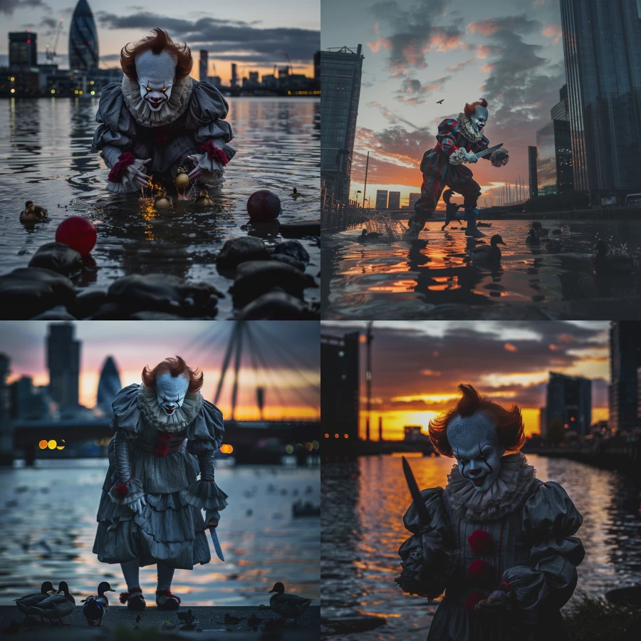 the clown from movie IT chasing little ducks with a knife  near Canary Wharf on sunset