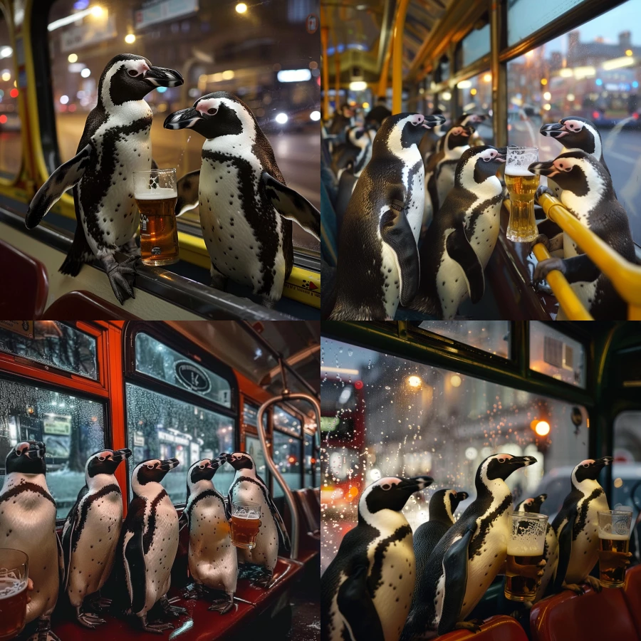 very random penguins in london bus drinking beer 