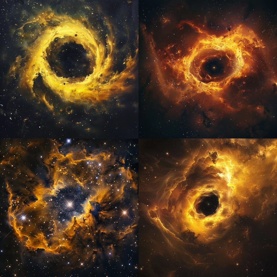 Yellow nebulae surrounded by stars with a black hole in the center of it