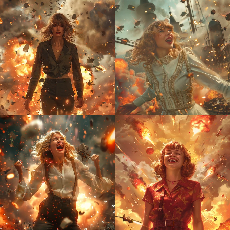 Tailor Swift in the front happy enjoying her life and Oppenheimer theme on the background with explosions and small technical elements flying all over 